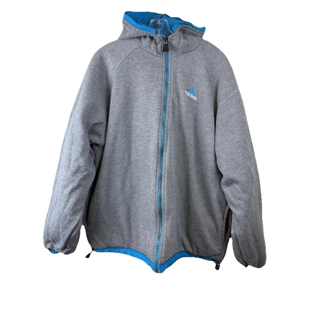 Vtg Adidas Reversible Aqua/Gray Hooded Jacket‎ Sz Large Retro Windbreaker Y2K